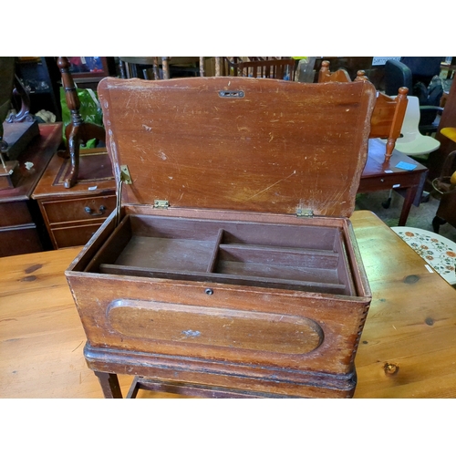 934 - Solid wooden craft/sewing/work box with lid, lift out tray and brass carrying handles either side.