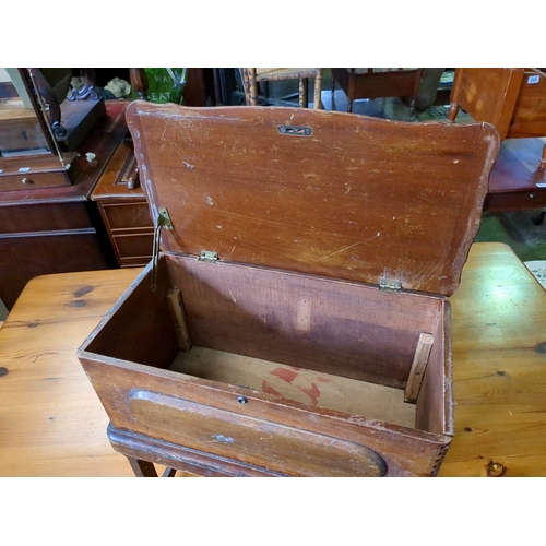 934 - Solid wooden craft/sewing/work box with lid, lift out tray and brass carrying handles either side.