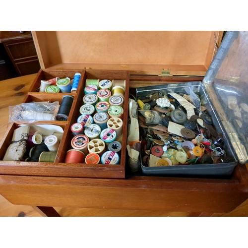 935 - Vintage mid century sewing  box stuffed full of cotton's, wooden darning mushroom (Yay says Mr Mushr... 