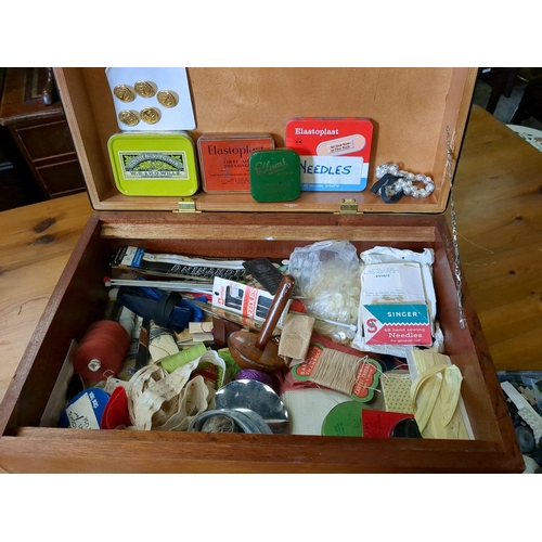 935 - Vintage mid century sewing  box stuffed full of cotton's, wooden darning mushroom (Yay says Mr Mushr... 