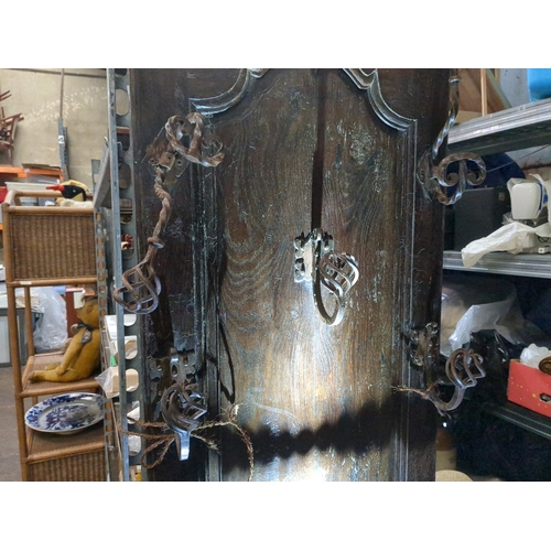 939 - French church confessional door converted to a stunning rustic oak hall stand with twisted cast iron... 