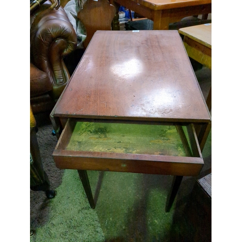 950 - Mahogany Pembroke table with inlay to the base.  Drawer is missing a knob. H73cm xW50cm (93cm extend... 