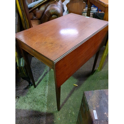 950 - Mahogany Pembroke table with inlay to the base.  Drawer is missing a knob. H73cm xW50cm (93cm extend... 