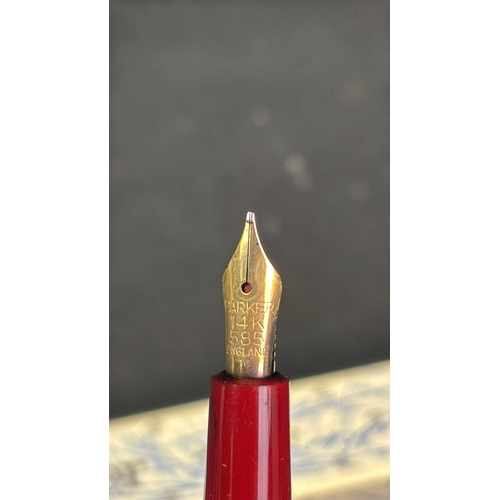 950a - Vintage Parker Duofold pen in deep red with 14K gold nib. Dated 1966. Original box and instructions.