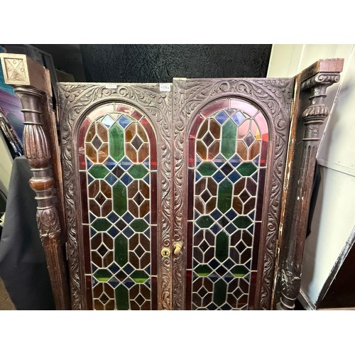 458A - Unusual pair of stained glass doors, with carved surround, from a ship's medicine cabinet.. Matching... 