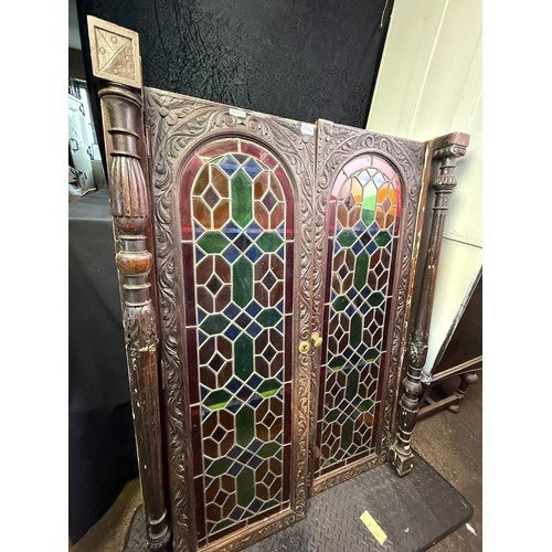 458A - Unusual pair of stained glass doors, with carved surround, from a ship's medicine cabinet.. Matching... 