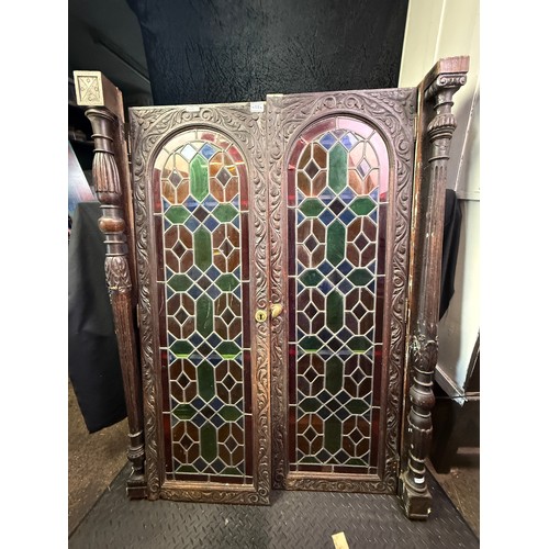 458A - Unusual pair of stained glass doors, with carved surround, from a ship's medicine cabinet.. Matching... 