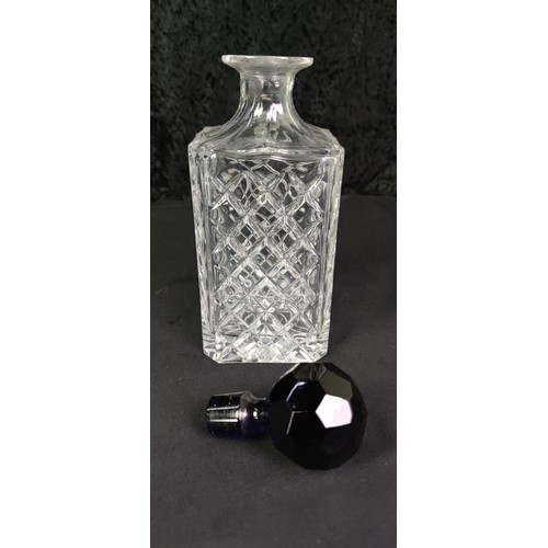 365 - A collection of 3 beautiful cut glass and. crystal decanters inc unusual whisky decanter with black ... 