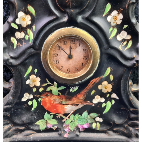 17 - Porcelain black painted mantle clock with Robin bird design with two English made complementary vase... 