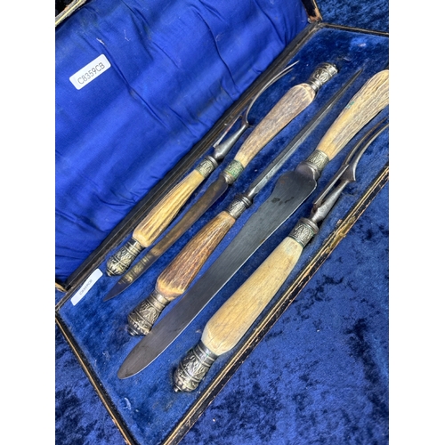 190 - Fabulous antique 'Battle Axe' Sheer Steel carving knife and set in original velvet lined presentatio... 