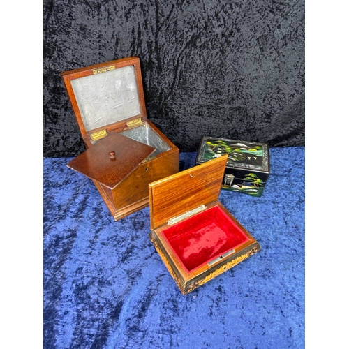 206 - Trio of vintage wooden boxes inc tea caddy, lacquered oriental style music box and a pretty inlaid j... 