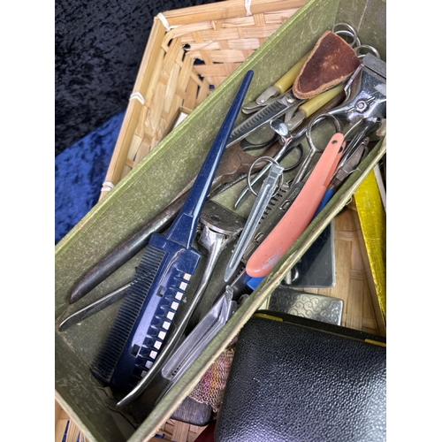 207 - Box of curios inc vintage manicure and shaving gear, fans, powder compacts and perfumes and deco glo... 