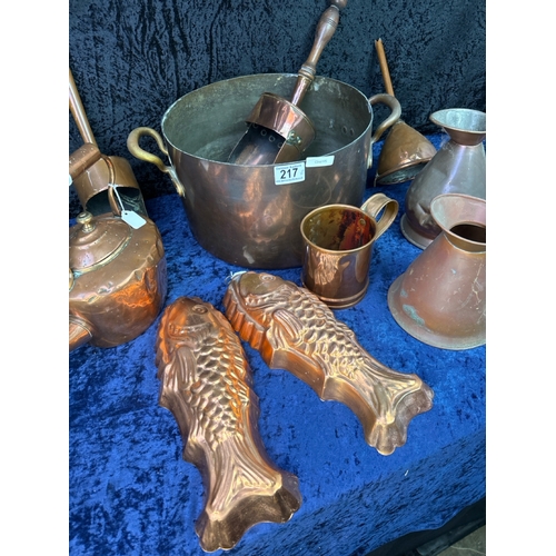 217 - Good collection of vintage brassware inc large brass pot, salmon moulds, kettle, funnel etc