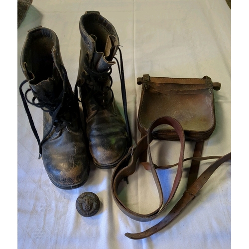 409 - Pair of German Parachutists boots with trouser belt, WW11 type snuff box etc