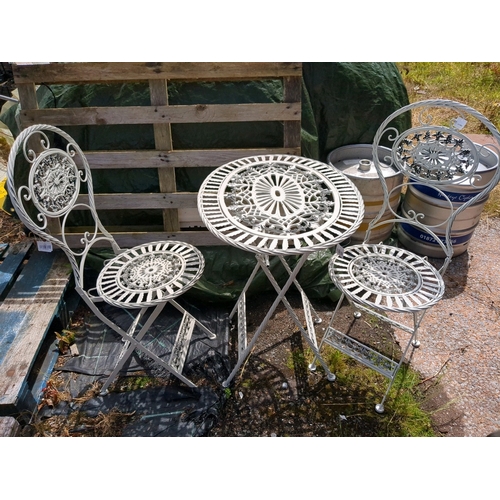 900 - Delightful metal bistro style folding table and 2 chairs.  New with tags.