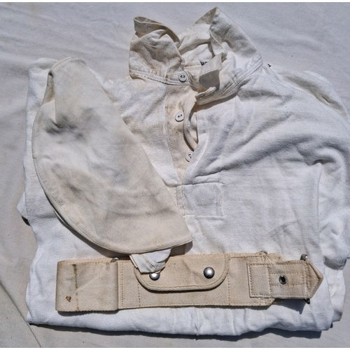 138 - WW2 RN Royal Navy rugby top, money belt and 2 white cloth cap covers