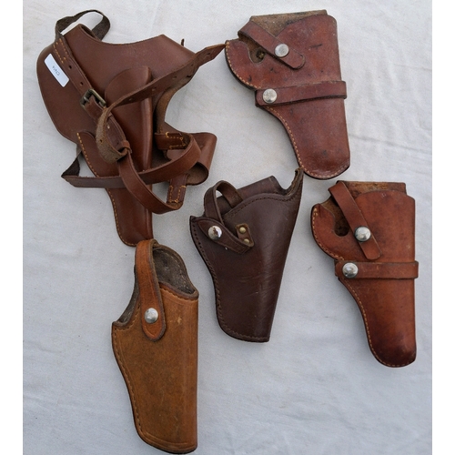 154 - Five leather holsters, 2 of them by Hunter, one shoulder holster