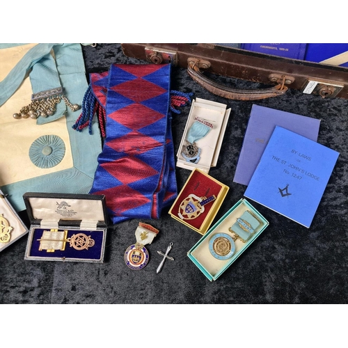 Two cases of vintage Freemasonry items including a ceremonial sash and ...
