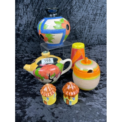 168 - Three Art Deco-inspired handmade and colourfully painted ceramics by J Vicary plus a vintage preserv... 