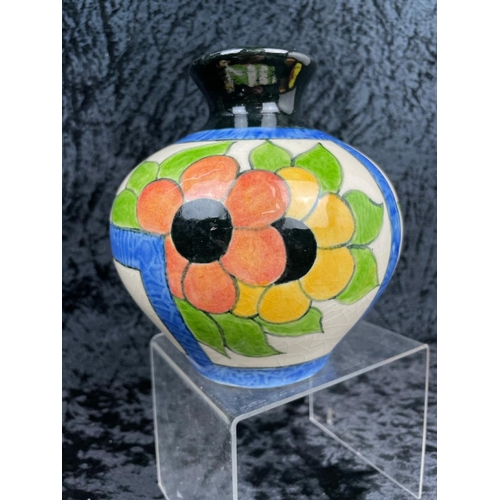 168 - Three Art Deco-inspired handmade and colourfully painted ceramics by J Vicary plus a vintage preserv... 