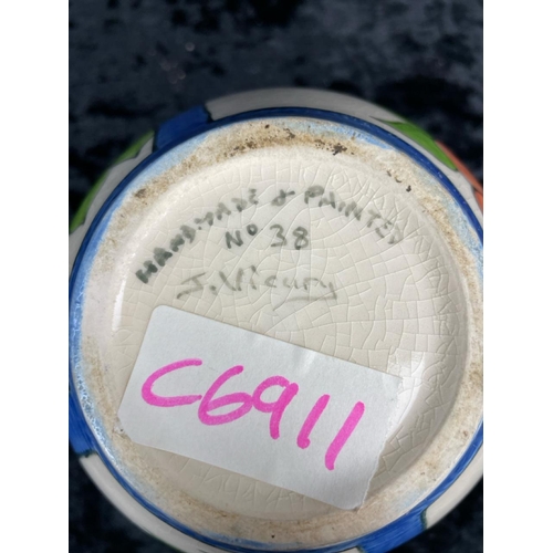 168 - Three Art Deco-inspired handmade and colourfully painted ceramics by J Vicary plus a vintage preserv... 