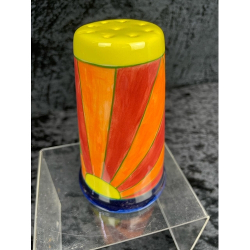 168 - Three Art Deco-inspired handmade and colourfully painted ceramics by J Vicary plus a vintage preserv... 