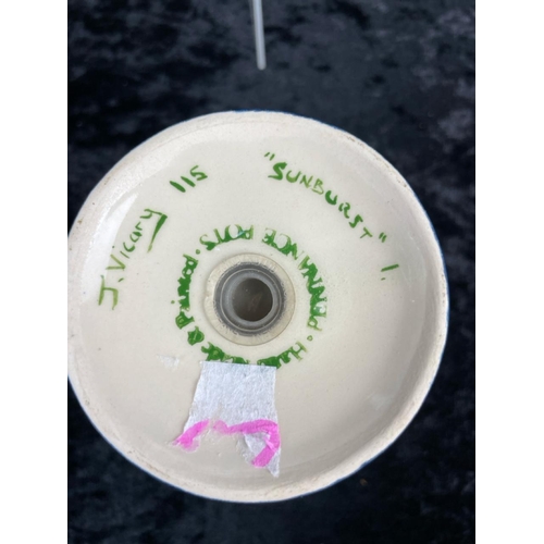 168 - Three Art Deco-inspired handmade and colourfully painted ceramics by J Vicary plus a vintage preserv... 