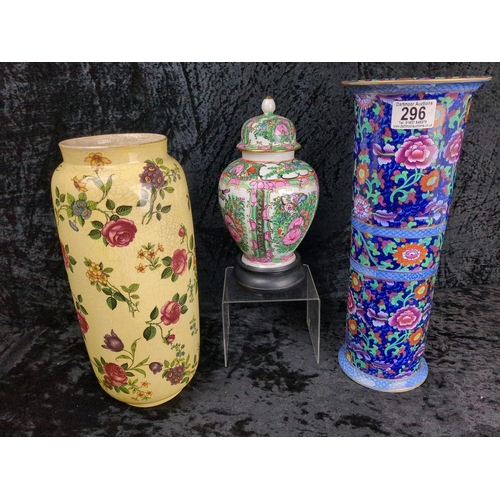 296 - Stunning trio of vintage ceramics including a tall Booths Jacobean multi-coloured vase. Tallest appr... 