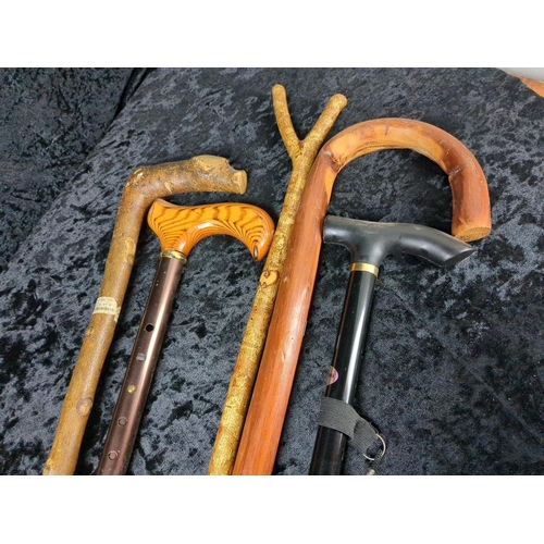350 - Two metal and three wooden walking sticks, very useful for a hike up the Tor!