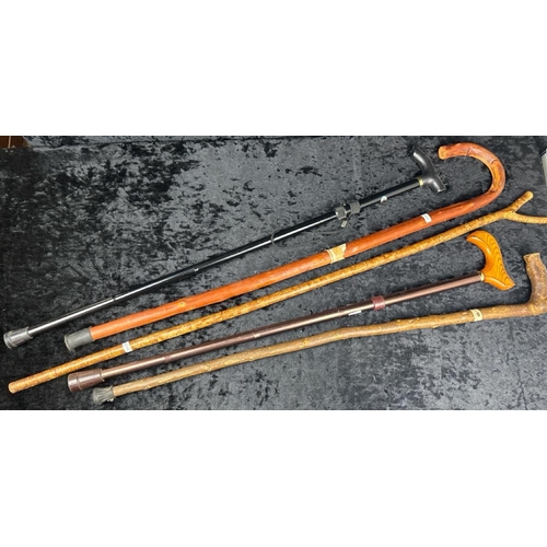 350 - Two metal and three wooden walking sticks, very useful for a hike up the Tor!