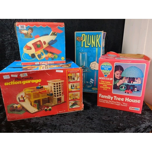 353 - Joyous collection of boxed children’s toys from the 1970’s Fisher Price plane and garage, the Discov... 