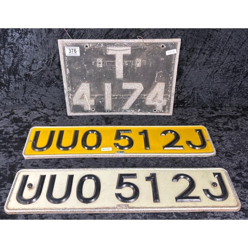 376 - Three vintage number plates.