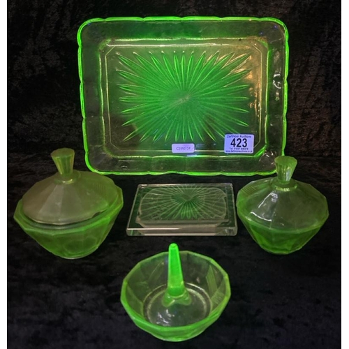 423 - Dressing table set of four uranium green glass items, plus an embossed glass plaque.