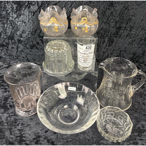 430 - Mixed lot of modern and vintage glass vases and dishes, plus a jug.