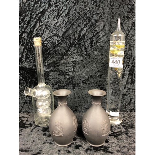 440 - Two Wedgwood Black Basalt Jasperware bud vases (approx H12cm), a Galileo thermometer and an oil and ... 