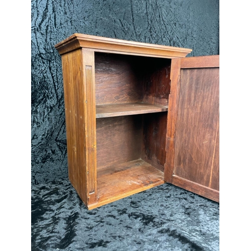 141 - Handy little vintage wall-hanging cupboard with shelf and key. Approx H46cm x W34cm x D20cm.