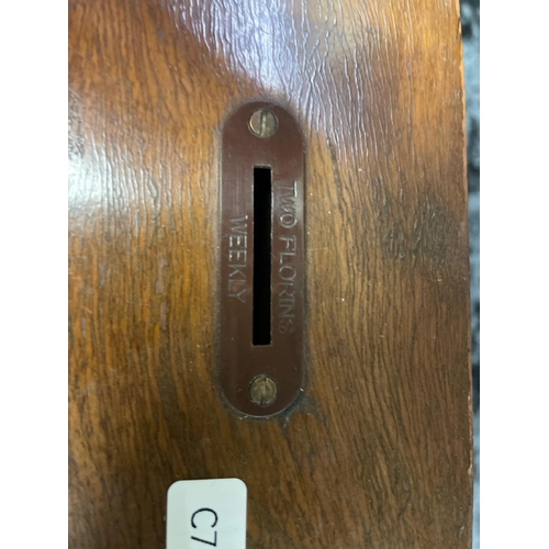 142 - Vintage Art Deco-style mantel clock - coin-operated by inserting a florin in the top slot. Approx H2... 