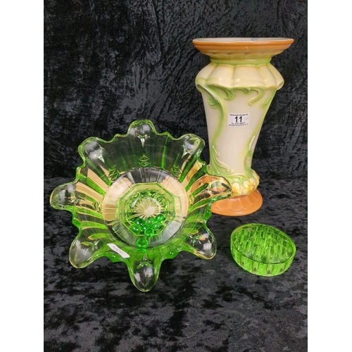 11 - Tall Art Deco floral decorated vase marked Adams & Co (approx H33cm) and a wonderful 1930s green gla... 