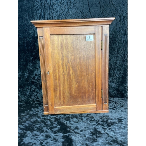 141 - Handy little vintage wall-hanging cupboard with shelf and key. Approx H46cm x W34cm x D20cm.