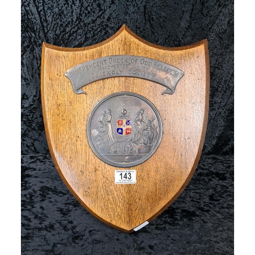 143 - Vintage wooden plaque on a stand from the Independent Order of Odd Fellows Manchester Unity Friendly... 