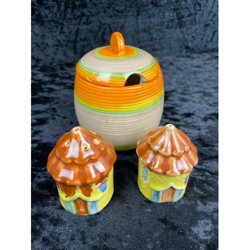 168 - Three Art Deco-inspired handmade and colourfully painted ceramics by J Vicary plus a vintage preserv... 