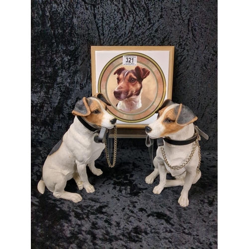 321 - Walkies! Two resin Jack Russell Terrier dog figurines from the Leonardo Collection, plus a framed pi... 