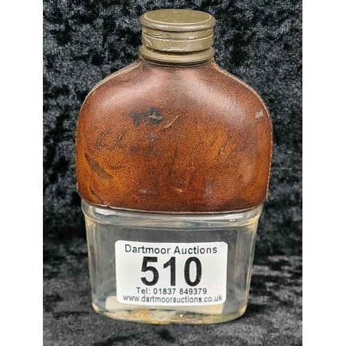 510 - Antique glass and leather hip flask, approx H11cm.