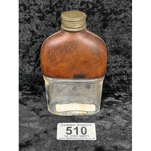 510 - Antique glass and leather hip flask, approx H11cm.