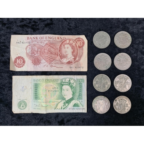 576 - Ten shilling note, one pound note and 8 x half crowns (1923, 1931, 1938, 1945, 1949, 1955, 1958, 196... 