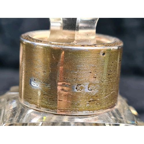 586 - Silver lidded glass dressing table pin dish (Birmingham 1903), silver collared perfume bottle (rubbe... 