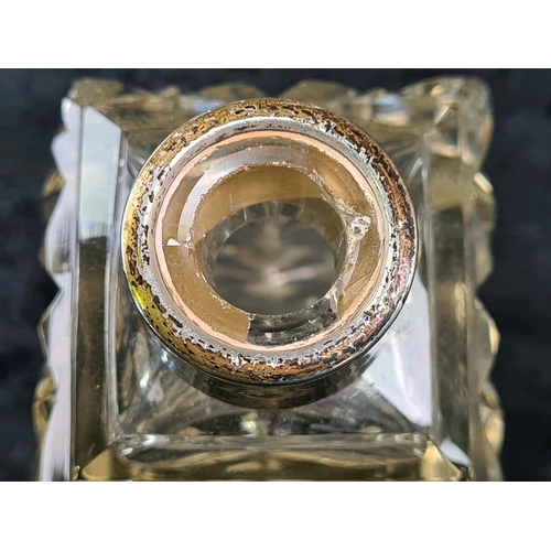 586 - Silver lidded glass dressing table pin dish (Birmingham 1903), silver collared perfume bottle (rubbe... 