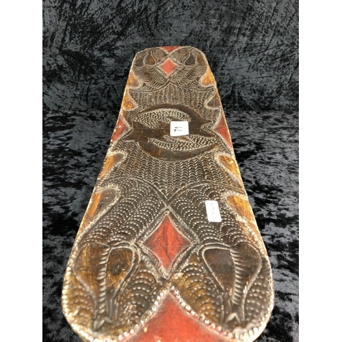 71 - Vintage African wooden stool covered with hand embossed sheet metal, possibly copper. Approx H18cm x... 