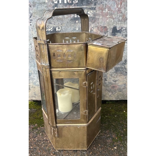 887 - Large vintage brass Asian street food warmer stall (use as a lantern) with cash box (approx H72cm).