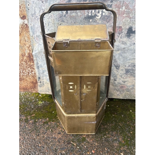887 - Large vintage brass Asian street food warmer stall (use as a lantern) with cash box (approx H72cm).